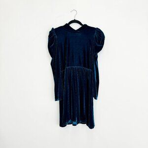 Zara Velvet Mock Neck Puffy Shoulder Long Sleeve Teal Dress NWOT Sz M